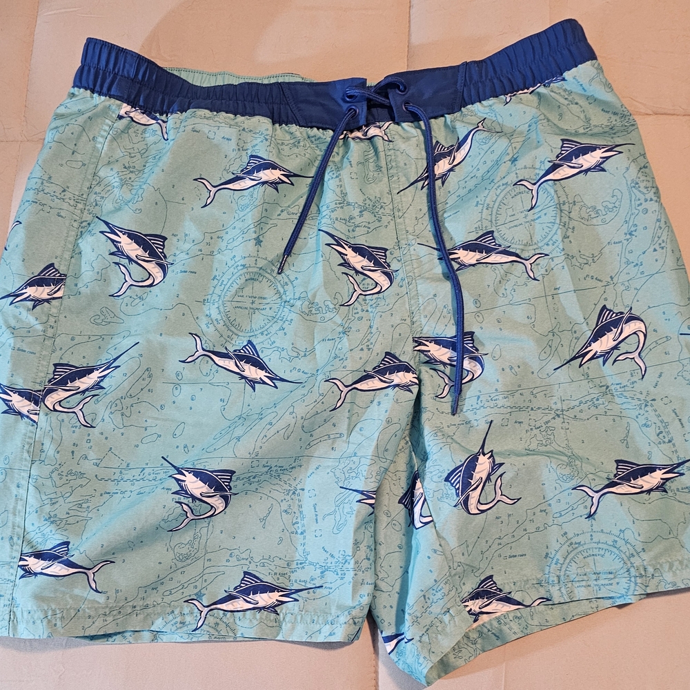 Izod Blue and Teal Swim Shorts with Marlin Print